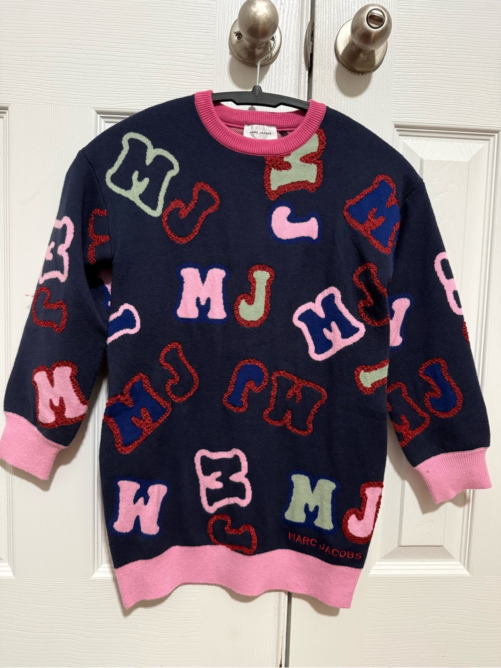 Marc Jacobs Pink Trim Knit Sweater for kids with Multicolor Pattern